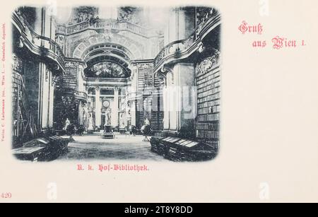 Salutations de Vienne I. K. k. Hof-Bibliothek., Carl (Karl) Ledermann jun., producteur, date vers 1898, carton, collotype, Habsbourg, 1 : Innere Stadt, Bibliothèque publique, Bibliothèque nationale autrichienne (ancienne Bibliothèque de la Cour), intérieur  représentation d'un bâtiment, la collection de Vienne Banque D'Images