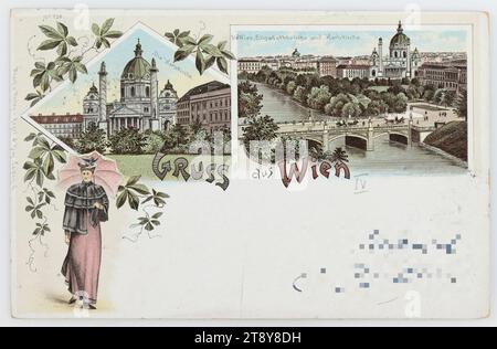 4th, Karlsplatz - Karlskirche et Elisabethbrücke, carte postale, Regel & Krug Verlag, imprimerie, maison d'édition, 1897, carton couché, lithographie en couleur, Karlsplatz, sites touristiques, Wienfluss, lieux et bâtiments disparus, 4e arrondissement : Wieden, 1e arrondissement : Innere Stadt, église (extérieur), pont, canaux, eaux (dans la ville), Karlskirche, Elisabethbrücke, Karlsplatz, The Vienna Collection Banque D'Images