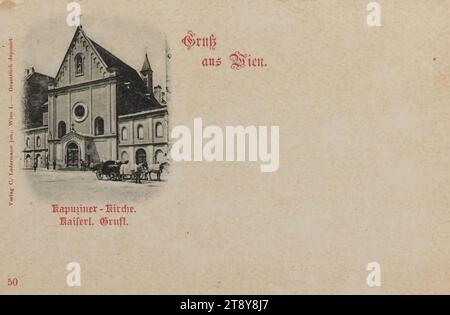 1e, Neuer Markt - Kapuzinerkirche, carte postale, Carl (Karl) Ledermann Jr, producteur, date vers 1898, carton, collotype, 1 : centre-ville, place, lieu, cirque, etc., église (extérieur), véhicule à quatre roues tiré par des animaux, ex : Droschke, chariot, wagon, avec des personnes, Église des capucins, Nouveau marché, collection de Vienne Banque D'Images