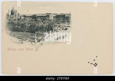 4e, Karlsplatz - vue de Elisabethbrücke sur Resselpark vers Karlskirche et Université technique, carte postale, Stengel & Co, Dresde, fabricant, 1898, carton, collotype, Karlsplatz, sights, parc, universités, rivière Vienne, éducation et formation, lieux et bâtiments disparus, 4 : Wieden, 1e arrondissement : centre-ville, église (extérieur), jardins publics, parc, pont, avec les gens, Karlskirche, Elisabethbrücke, Université technique de Vienne, bâtiments universitaires, université, Karlsplatz, la collection de Vienne Banque D'Images