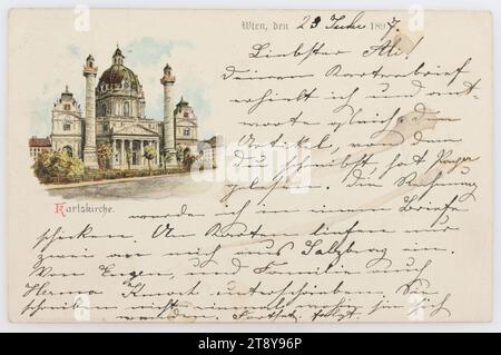 4e, Karlsplatz - Karlskirche, carte postale, Schwanhäusser, producteur, 1897, carton, lithographie couleur, inscription, DE, Vienna, TO, Millstadt Kärnthen, ADRESSE, Wohlgeboren Herr [...], p. ad. Herr Profeßor [...], Millstadt, Kärnthen, NACHRICHT, juillet 23, 1897, très cher Ali!, j'ai reçu votre lettre de carte et réponse immédiatement. Ponger a lu l'article sur lequel vous écrivez. J'enverrai la facture dans une lettre. Seulement deux cartes sont arrivées pour moi de Salzbourg. Signé par Eugen, et la famille aussi Herma Kmat. Ils n'écrivent même pas où ils sont adressés. Suite, Karlsplatz, attractions Banque D'Images