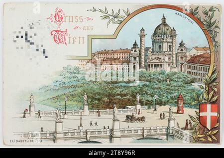 4e, Karlsplatz - vue du pont Elisabeth vers Karlskirche, carte postale, Inconnu, 1897, carton couché, lithographie couleur, Karlsplatz, attractions, Rivière Vienne, lieux et bâtiments disparus, 4 : Wieden, 1e arrondissement : Centre-ville, Eglise (extérieur), Pont, canaux, eaux (dans la ville), Karlskirche, Elisabeth Bridge, Karlsplatz, The Vienna Collection Banque D'Images