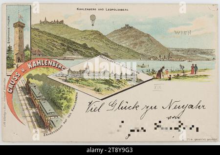 19. Bezirk, Kahlenberg et Leopoldsberg, vus de Floridsdorf, avec Stephaniewarte, chemin de fer à crémaillère et Kahlenberghotel, carte postale, Henri (Heinrich) Schlumpf (1861-1927), producteur, 1897, carton, lithographie couleur, bois de Vienne, loisirs et loisirs, hôtellerie et restauration, Danube, transports publics, lieux et bâtiments disparus, circulation et transports, 19e siècle : Döbling, chemin de fer, tramway; chemin de fer à crémaillère, canaux, eaux (dans la ville), colline (haute), tour de guet, Stephaniewarte, Stephaniewarte, hôtel Kahlenberg, hôtel, auberge, auberge, chemin de fer à crémaillère, Kahlenberg, Leopoldsberg Banque D'Images