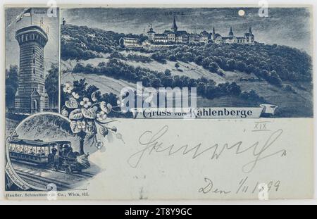 19e, Kahlenberg - carte multi-images : avec Kahlenberghotel, Stephaniewarte et chemin de fer à crémaillère, la nuit, carte postale, Haufler, Schmutterer & Co. (1872-1902), producteur, 1899, carton, impression demi-ton, bois de Vienne, Hôtels et restaurants, Transports publics, sites et bâtiments manquants, circulation et transports, 19e arrondissement. Quartier : Döbling, chemin de fer, tramway ; chemin de fer à crémaillère, la nuit, tour d'observation, Stephaniewarte, Hôtel Kahlenberg, hôtel, auberge, guesthouse, chemin de fer à crémaillère, Kahlenberg, The Vienna Collection Banque D'Images