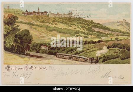 19e, Kahlenberg - avec Kahlenberghotel et chemin de fer à crémaillère, carte postale, Haufler, Schmutterer & Co. (1872-1902), fabricant, 1899, carton, lithographie couleur, bois de Vienne, hôtellerie et restauration, transports en commun, sites et monuments disparus, circulation et transports, 19e arrondissement : Döbling, chemin de fer, tramway; chemin de fer à crémaillère, Hôtel Kahlenberg, hôtel, auberge, chemin de fer à crémaillère, Kahlenberg, la collection de Vienne Banque D'Images