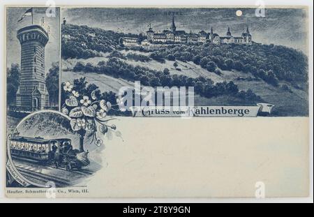 19th, Kahlenberg - carte multi-image : avec Kahlenberghotel, Stefanie-Warte et chemin de fer à crémaillère, la nuit, carte postale, Haufler, Schmutterer & Co. (1872-1902), fabricant, 1899, carton, impression demi-ton, bois de Vienne, hôtellerie et restauration, transports en commun, sites et bâtiments disparus, circulation et transports, 19e arrondissement. Quartier : Döbling, chemin de fer, tramway ; chemin de fer à crémaillère, la nuit, tour d'observation, Stephaniewarte, Hôtel Kahlenberg, hôtel, auberge, guesthouse, chemin de fer à crémaillère, Kahlenberg, The Vienna Collection Banque D'Images