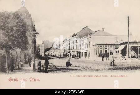 12e, Schönbrunner Straße - vue de hauteur Theresienbad direction hors de la ville, carte postale, Sperlings Postkartenverlag (M. M. S.), Producteur, 1900-1905, carton, collotype, hauteur×largeur 9×14 cm, 12e arrondissement : Meidling, rue, la maison habituelle ou rangée de maisons, immeuble plat, maison, maison combinée avec magasin, éclairage public, avec des personnes, poteau télégraphique, poteau téléphonique, la collection Vienne Banque D'Images