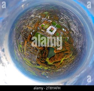 Luftbild, Bundesligastadion RheinEnergieStadion des 1. FC Köln, ehemals Müngersdorfer Stadion Fußballplatz umgeben von herbstlichen Laubbäumen, Erdkugel, Fisheye Aufnahme, Fischaugen Aufnahme, 360 Grad Aufnahme, petit monde, petite planète, fisheye Bild, Müngersdorf, Köln, Rheinland, Nordrhein-Westfalen, Deutschland ACHTUNGxMINDESTHONORARx60xEURO *** vue aérienne, Bundesliga Stadion du 1 FC Cologne, anciennement Müngersdorf stade de football terrain entouré d'arbres décidus automnaux, globe terrestre, image fisheye, image fisheye, image 360 degrés, petit monde, petite planète, fisheye im Banque D'Images