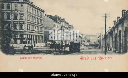 17e, Hernalser Gürtel - avec arches de chemin de fer de ville, carte postale, Carl (Karl) Ledermann Jr, fabricant, date vers 1898, carton, collotype, hauteur×largeur 9×14 cm, transports en commun, chemin de fer urbain, circulation et transports, 17e arrondissement : Hernals, rue, la maison habituelle ou rangée de maisons, faible hauteur, logement, maison combinée avec magasin, avec les gens, la collection de Vienne Banque D'Images