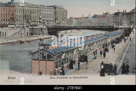 Canal du Danube - Pont Salztor (anciennement Pont Stéphanie), avec halles à poissons, carte postale, Rich. Schindler Kunstverlag, Leipzig, fabricant, August von Kantz, représentant, 1904, carton, couleur à la main, collotype, hauteur×largeur 9×14 cm, Danube, marchés, commerce, Canal du Danube, canaux, eaux (dans la ville), pont, avec les gens, la maison habituelle ou rangée de maisons, maison d'appartement, maison de logement, maison combinée avec magasin, la collection de Vienne Banque D'Images