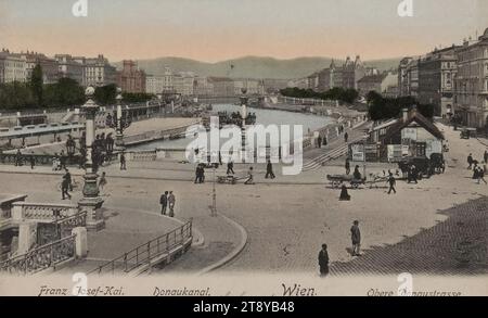 Canal du Danube - Pont Salztor (anciennement Pont Stephanie), carte postale, Carl (Karl) Ledermann Jr., producteur, 1905-1909, carton, couleur à la main, collotype, hauteur×largeur 9×14 cm, Danube, Canal du Danube, canaux, plans d'eau (en ville), pont, avec des gens, lampadaires, la collection Vienne Banque D'Images