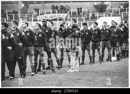 Toute la ligne Welsh Squad pour les hymnes au départ. Coupe du monde de la FIFA 1994 qualification Groupe 4 – pays de Galles contre Roumanie au Cardiff Arms Park, pays de Galles, Royaume-Uni, le 17 novembre 1993. Une victoire pour le pays de Galles dans ce dernier match de groupe confirmerait la qualification comme seul représentant du Royaume-Uni. À 64 minutes avec le score à 1-1, le pays de Galles a eu un penalty pour prendre la tête, mais le coup de pied spot de Paul Bodin a frappé la barre. Florin Raducioiu a marqué le vainqueur pour la Roumanie en 82 minutes et ils se sont qualifiés à la place. Photo : Rob Watkins Banque D'Images