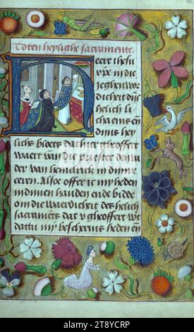 Livre de prières (utilisation de Rome), Messe et couple agenouillé, ce livre de prières de la fin du XVe siècle a été fait pour l'usage de Rome et est illuminé par les disciples de Willem Vrelant de Bruges. Le manuscrit a probablement été créé pour le couple représenté dans deux miniatures pleine page. La représentation de la mariée dans les miniatures pleine page, ainsi que les références à elle dans les prières suppliantes, indique que le manuscrit a été commandé principalement pour l'usage de la mariée Banque D'Images