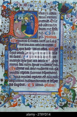 Livre des heures, utilisation des canons augustins du Chapitre de Windesheim, initial 'd' avec la Nativité, complété pour l'utilisation liturgique des canons augustins du Chapitre de Windesheim ca. 1450, ce Livre des heures comporte onze miniatures existantes et neuf initiales historiées. Le manuscrit a été enluminé par le Maître des privilèges et associés de Gand, peut-être à Tournai. Avec des ajouts marginaux occasionnels, ce Livre des heures comporte également quelques héraldiques qui attestent d'une histoire chérie Banque D'Images