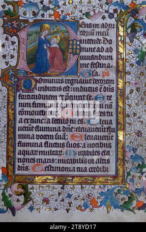 Livre des heures, utilisation des canons augustins du Chapitre de Windesheim, initial 'd' avec la Visitation, complété pour l'utilisation liturgique des canons augustins du Chapitre de Windesheim ca. 1450, ce Livre des heures comporte onze miniatures existantes et neuf initiales historiées. Le manuscrit a été enluminé par le Maître des privilèges et associés de Gand, peut-être à Tournai. Avec des ajouts marginaux occasionnels, ce Livre des heures comporte également quelques héraldiques qui attestent d'une histoire chérie Banque D'Images