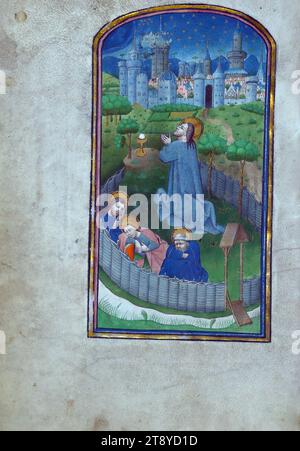 Livre des heures, utilisation des canons augustins du Chapitre de Windesheim, agonie dans le jardin de Gethsémani, achevé pour l'utilisation liturgique des canons augustins du Chapitre de Windesheim ca. 1450, ce Livre des heures comporte onze miniatures existantes et neuf initiales historiées. Le manuscrit a été enluminé par le Maître des privilèges et associés de Gand, peut-être à Tournai. Avec des ajouts marginaux occasionnels, ce Livre des heures comporte également quelques héraldiques qui attestent d'une histoire chérie Banque D'Images