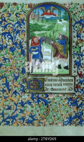 Livre des heures, Annonciation aux bergers, ce Livre des heures flamand a été produit entre 1470 et 1480, très probablement en Flandre occidentale ou dans le nord de la France, et probablement pour un patron ecclésiastique. Le nombre important de saints dans le calendrier affiliés au diocèse de Thérouanne, et plus largement au nord-ouest de la Flandre, peut indiquer la région de production Banque D'Images