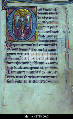 Psautier de Jernoul de Camphaing, initial 'd' à la Trinité, ce Psautier biblique de poche a été produit pour Jernoul de Camphaing dans le troisième quart du XIIIe siècle. Bien que maintenant mal lié et manquant quelques textes et deux images, le manuscrit conserve encore huit initiales historiques vives dans un style typique de la région de Flandre qui est maintenant considérée comme le nord-est de la France Banque D'Images