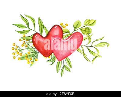 Sucettes en forme de coeur sur fond de feuilles transparentes vertes et de fleurs jaunes. Coeurs lumineux romantique Rouge, caramel rose, bonbons. Banque D'Images