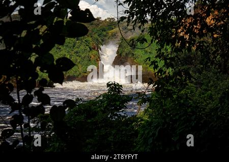 Murchison Falls National Park en Ouganda, de belles chutes d'eau sur le Nil Victoria, arc-en-ciel au-dessus des chutes Uhuru et Kabarega Falls cascade Banque D'Images