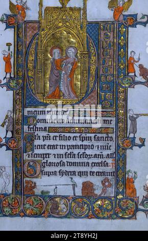 Livre d'heures, initial 'd' avec la Visitation ; drolleries avec singes, musiciens hybrides, et docteur avec matula (pour l'uroscopie) en marge, ce Livre d'heures a été créé dans le nord-est de la France au début du XIVe siècle, peut-être pour le mariage de Louis Ier de Châtillon (d. 1346) et Jeanne de Hainaut, comme sont représentés les armoiries du Châtillon de Blois, et les armoiries du Hainaut apparaissent également dans les frontières, y compris en conjonction avec les armoiries Châtillon. Le manuscrit est exceptionnel pour l'abondance de drolleries et d'hybrides vivants qui habitent presque chaque page Banque D'Images