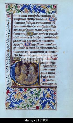 Livre d'heures, adoration des Mages, enluminé dans le style du Maître du Livre de prières Noir, ce manuscrit a été créé entre 1460 et 1470 EC. Il contient des éléments dans le calendrier qui indiquent une destination de Bruges et des éléments dans la litanie qui pointent vers la ville de Liège. Le manuscrit est actuellement mal lié rendant sa lecture difficile, mais une tentative a été faite pour reconstituer l'ordre original des carcasses. Les miniatures pleine page et les initiales historiées sont peintes avec un mélange de techniques grisaille et colorées Banque D'Images