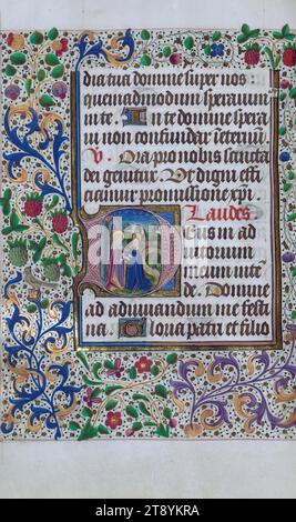 Livre d'heures, initial 'd' avec Visitation, complété pour l'utilisation de Cambrai, ca. 1450-60, cet important Livre d'heures est composé de 265 folios, avec deux miniatures pleine page (insérées) et treize initiales historiées. Peut-être l'accent mis sur la prière plutôt que sur la décoration était dû au premier propriétaire présumé, qui a été établi à Mons et a été associé à un couvent bénédictin (dédié à Sainte Waudry). Quelques sympathies franciscaines sont indiquées dans la litanie, comme en témoigne une citation de Bernardinus de Sienne, François et Clara Banque D'Images