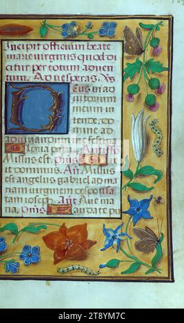 Livre d'heures, décoré initial, ce livre d'heures de poche, ca. 1500, a été achevé dans le style du Maître des Prayerbooks et de ses associés. Ce manuscrit a probablement été achevé à Bruges, où ces artistes semblent avoir été centrés. Le style d'illumination, qui peut être vu dans les douze miniatures existantes, les bordures, les initiales historiées, et même drolleries, montre une précision habile requise des peintres qui ont été chargés de compléter l'illumination de livres de cette taille Banque D'Images