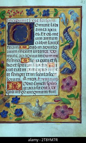 Livre d'heures, décoré initial, ce livre d'heures de poche, ca. 1500, a été achevé dans le style du Maître des Prayerbooks et de ses associés. Ce manuscrit a probablement été achevé à Bruges, où ces artistes semblent avoir été centrés. Le style d'illumination, qui peut être vu dans les douze miniatures existantes, les bordures, les initiales historiées, et même drolleries, montre une précision habile requise des peintres qui ont été chargés de compléter l'illumination de livres de cette taille Banque D'Images