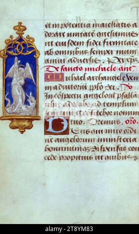 Livre des heures (utilisation de Rome), St. Michael tuant le dragon, créé au XVe siècle et rebondissant un peu plus tard, ce petit Livre d'heures peut encore apparaître comme un spectateur du XVIe siècle l'a vu. À cette époque, il était recouvert en Belgique ou en Angleterre d'un somptueux velours rouge orné de broderies en soie et en argent. Le manuscrit lui-même a été produit en Flandre vers 1480-1490, et était probablement destiné à Cambrai, comme l'indique la sélection des saints dans le calendrier Banque D'Images