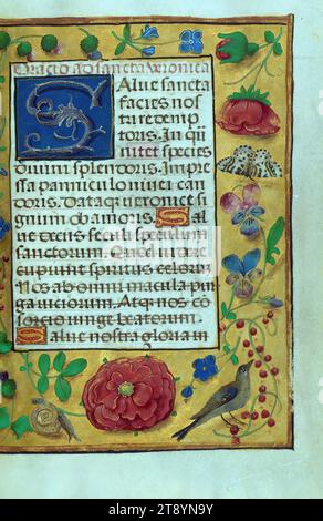 Livre d'heures, décoré initial, ce livre d'heures de poche, ca. 1500, a été achevé dans le style du Maître des Prayerbooks et de ses associés. Ce manuscrit a probablement été achevé à Bruges, où ces artistes semblent avoir été centrés. Le style d'illumination, qui peut être vu dans les douze miniatures existantes, les bordures, les initiales historiées, et même drolleries, montre une précision habile requise des peintres qui ont été chargés de compléter l'illumination de livres de cette taille Banque D'Images