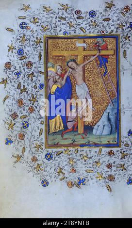 Livre d'heures, dépôt, ce livre d'heures a été initialement achevé ca. 1430-1440 mais a depuis été reconstruit, avec plusieurs prières et suffrages qui lui ont été ajoutés au fil du temps. Les miniatures ont été illuminées sous l'influence du Maître de Guillebert de mets. Le livre a été rebondi par Joris de Gavere de Gand ca. 1525-1535. Le manuscrit a été repris à l'époque moderne, mais les planches du XVIe siècle subsistent. Les deux contiennent des panneaux estampillés représentant des anges jouant des instruments, et une bande d'animaux fantastiques représentés dans le profil Banque D'Images