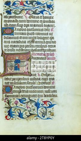 Livre des heures, St. Lawrence, ce livre a été créé ca. 1460-70 EC à Bruges par l'atelier de Willem Vrelant pour un patron anglais, comme suggéré par les nombreux saints anglais inclus dans le calendrier. Le manuscrit est fortement illuminé et contient trente initiales historiées, certaines avec des thèmes inhabituels, tels que les blessures du Christ et le meurtre de Saint Thomas Becket. Bien que le nombre d'illuminations soit important, leur exécution est assez standard Banque D'Images