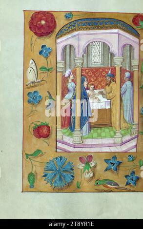 Livre d'heures (à l'usage de Tournai), Présentation au Temple, ce Livre d'heures a été achevé pour l'usage de Tournai et a été illuminé ca. 1500 sous l'influence du Maître des Livres de prières. La synthèse du texte et de la décoration est bien équilibrée dans ce manuscrit Banque D'Images