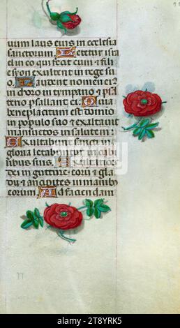 Livre d'heures, ce manuscrit a été créé ca. 1500 à Bruges ou Gand, et a été influencé par le Maître des livres de prières, le Maître du Livre de prières de Dresde, et le Maître des scènes de David dans le bréviaire Grimani. Il a probablement été fait pour une patronne avec une affinité franciscaine, comme suggéré par le contenu du calendrier. Le livre est fortement illuminé avec dix-neuf miniatures, marginalia sur des pages sans miniatures, et vingt-quatre illuminations de calendrier, ces dernières comprenant des signes du zodiaque associés à des illustrations des travaux du mois Banque D'Images