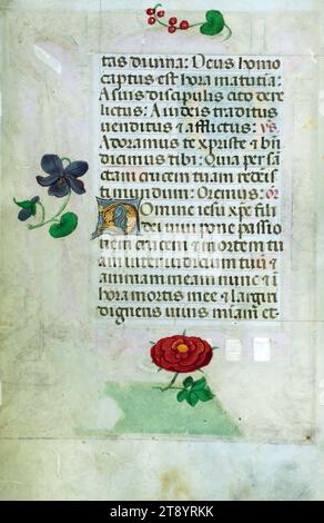 Livre d'heures, ce manuscrit a été créé ca. 1500 à Bruges ou Gand, et a été influencé par le Maître des livres de prières, le Maître du Livre de prières de Dresde, et le Maître des scènes de David dans le bréviaire Grimani. Il a probablement été fait pour une patronne avec une affinité franciscaine, comme suggéré par le contenu du calendrier. Le livre est fortement illuminé avec dix-neuf miniatures, marginalia sur des pages sans miniatures, et vingt-quatre illuminations de calendrier, ces dernières comprenant des signes du zodiaque associés à des illustrations des travaux du mois Banque D'Images