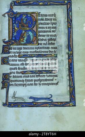 Psautier d'après un Psautier-heures (seconde moitié à Paris), initial 'B' avec David décapitant Goliath, et David comme roi jouant de la harpe, ce Psautier, datant du dernier quart du XIIIe siècle, a été fabriqué en Flandre française pour être utilisé dans le diocèse de Metz. À l'origine partie d'un Psautier-heures, les deux parties du livre ont été séparées il y a longtemps et reliées séparément au XVIIIe siècle. La moitié des heures a récemment été identifiée par François avril comme appartenant à la Bibliothèque nationale de France, où elle est n.a. Lat. 915 Banque D'Images