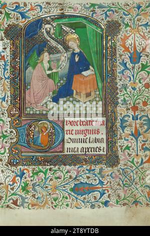 Livre d'heures, Annonciation ; Historiated initial 'd' avec la Crucifixion, ce Livre d'heures a été achevé ca. 1440-50, et probablement destiné à Tournai. La décoration de ce manuscrit comprend deux miniatures pleine page, onze miniatures plus petites existantes, une initiale historiée et une drolerie. L'illumination est dans le style du Maître de Guillebert de mets, bien que le travail aurait été achevé au cours de la dernière étape de la carrière de mets Banque D'Images