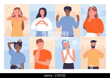 Gestes heureux des gens définir l'illustration vectorielle. Cartoon a excité des personnages féminins et masculins adultes avec diverses émotions positives dans la communication, des portraits de jeunes et vieux gais femme et homme Illustration de Vecteur