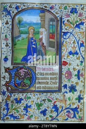 Livre d'heures, Visitation, ce livre d'heures de poche, ca. 1460-70, a été achevé dans le cercle de Willem Vrelant pour l'utilisation de Sarum. Avec vingt-sept miniatures existantes et vingt-deux initiales historiées, il est un exemple important des livres de prières réalisés dans le troisième quart du XIIIe siècle à Bruges pour les propriétaires anglais. Bien que ce manuscrit ne soit pas particulièrement unique parmi ses pairs, il est exemplaire en raison de son impressionnant programme pictural, y compris les miniatures susmentionnées et les initiales historiées Banque D'Images