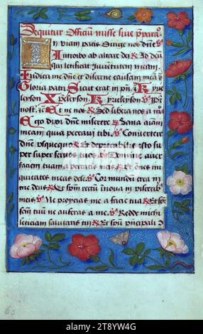 Livre de prières (compilation), initial, ce livre de prières, ca. 1500, est une compilation de plusieurs textes d'au moins cinq mains différentes, avec les miniatures comportant plusieurs mains ainsi. Les frontières illusionnistes aux motifs exceptionnels sont particulièrement remarquables. Les frontières vers le début du livre semblent être d'un artiste différent, car les groupes de frontières plus tardifs diffèrent à la fois dans la conception et la couleur, avec des motifs plus petits, moins de foule, des œillets et des lys rouges fleuris, et quelques drolleries amusantes Banque D'Images