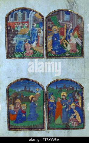 Livre de dentelle de Marie de Médicis, Haut : Service funéraire ; Annonciation ; Bas : jardin de Gethsémani ; trahison et arrestation du Christ, ce Livre de prières a été fait pour Marie de Médicis dans le deuxième quart du XVIIe siècle. Au-delà de sa provenance en tant que livre personnel appartenant à la célèbre reine, il est exceptionnel pour ses bordures finement découpées, qui transforment les marges de parchemin en dentelle. Cet effet a été créé en utilisant une technique connue sous le nom de « canivet », dans laquelle un petit couteau a été utilisé pour couper des motifs ornés en papier ou en parchemin Banque D'Images