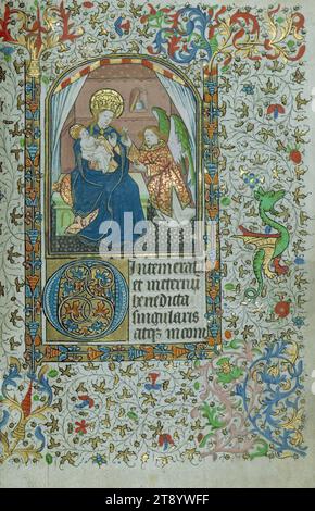 Livre d'heures, Vierge et enfant avec ange présentant une fleur blanche, ce Livre d'heures a été créé dans le Hainaut, France, ca. 1450-60 Banque D'Images