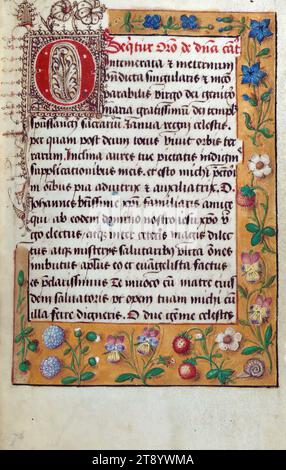 Livre de prières (compilation), initial, ce livre de prières, ca. 1500, est une compilation de plusieurs textes d'au moins cinq mains différentes, avec les miniatures comportant plusieurs mains ainsi. Les frontières illusionnistes aux motifs exceptionnels sont particulièrement remarquables. Les frontières vers le début du livre semblent être d'un artiste différent, car les groupes de frontières plus tardifs diffèrent à la fois dans la conception et la couleur, avec des motifs plus petits, moins de foule, des œillets et des lys rouges fleuris, et quelques drolleries amusantes Banque D'Images