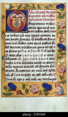 Livre de prières (compilation), initial, ce livre de prières, ca. 1500, est une compilation de plusieurs textes d'au moins cinq mains différentes, avec les miniatures comportant plusieurs mains ainsi. Les frontières illusionnistes aux motifs exceptionnels sont particulièrement remarquables. Les frontières vers le début du livre semblent être d'un artiste différent, car les groupes de frontières plus tardifs diffèrent à la fois dans la conception et la couleur, avec des motifs plus petits, moins de foule, des œillets et des lys rouges fleuris, et quelques drolleries amusantes Banque D'Images