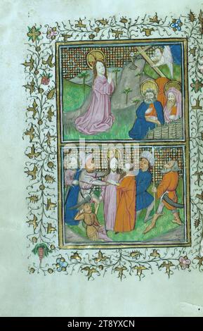 Livre d'heures (cistercien), Haut : agonie dans le jardin ; Bas : trahison et arrestation, ce livre d'heures a été créé ca. 1440 dans le Hainaut pour une patronne avec des liens cisterciens, ce qui est suggéré par de longues séquences de dévotion axées sur la passion du Christ et de la Vierge, y compris des indulgences, une litanie avec affiliation cistercienne, et diverses références à une suppliante féminine. Deux textes de dévotion écrits par divers scribes en latin et en français ont été ajoutés au recto et au verso du livre vers. 1450-1600 Banque D'Images