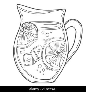 Pichet en verre avec limonade froide et tranches de citron, orange. Rafraîchissant maison, boisson d'été. Doodle. Dessiné à la main. Illustration vectorielle. Contour. Illustration de Vecteur