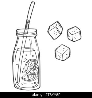 Smoothie frais au citron et à l'orange. Grande bouteille en verre avec une paille, des fruits et des feuilles. Boisson estivale rafraîchissante dans un style griboulier. Illustration de nourriture fantaisiste Illustration de Vecteur