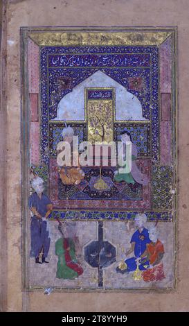 Recueil de poèmes (divan), frontispice illustré sur deux pages représentant une scène de cour, il s'agit d'une copie manuscrite enluminée et illustrée du Recueil de poèmes (dīvān) de Shams al-Dīn Muḥammad Ḥāfiz al-Shīrāzī (fl. VIIIe siècle AH / XIVe EC). Il a été écrit en écriture nasta'līq noir avec des titres de chapitre/section à l'encre dorée par Zayn al-'Ābidīn 'Abd al-Raḥmān al-Jāmī en 918 AH / 1512 ce en Iran safavide. Le manuscrit s'ouvre sur un médaillon enluminé, suivi d'un frontispice illustré sur deux pages. Le texte commence par une page incipit avec casque éclairé Banque D'Images