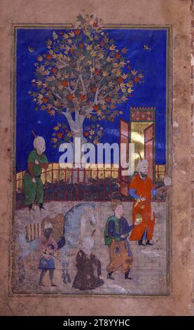 Recueil de poèmes (divan), frontispice illustré sur deux pages représentant une scène de cour, il s'agit d'une copie manuscrite enluminée et illustrée du Recueil de poèmes (dīvān) de Shams al-Dīn Muḥammad Ḥāfiz al-Shīrāzī (fl. VIIIe siècle AH / XIVe EC). Il a été écrit en écriture nasta'līq noir avec des titres de chapitre/section à l'encre dorée par Zayn al-'Ābidīn 'Abd al-Raḥmān al-Jāmī en 918 AH / 1512 ce en Iran safavide. Le manuscrit s'ouvre sur un médaillon enluminé, suivi d'un frontispice illustré sur deux pages. Le texte commence par une page incipit avec casque éclairé Banque D'Images